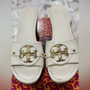 Tory Burch Cream Wedge Sandals with Iconic TB Gold Emblem